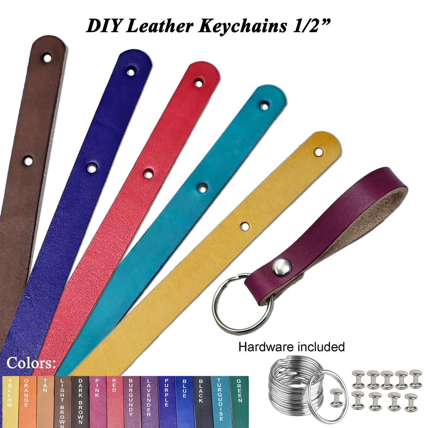 1/2" Vegetable Tanned Leather Keychain DIY Kit 10 Pack-Hand Dyed Leather-Hardware Included