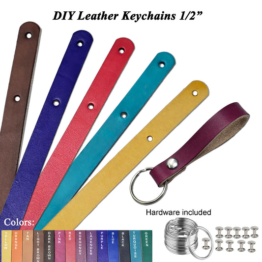 1/2" Vegetable Tanned Leather Keychain DIY Kit 10 Pack-Hand Dyed Leather-Hardware Included
