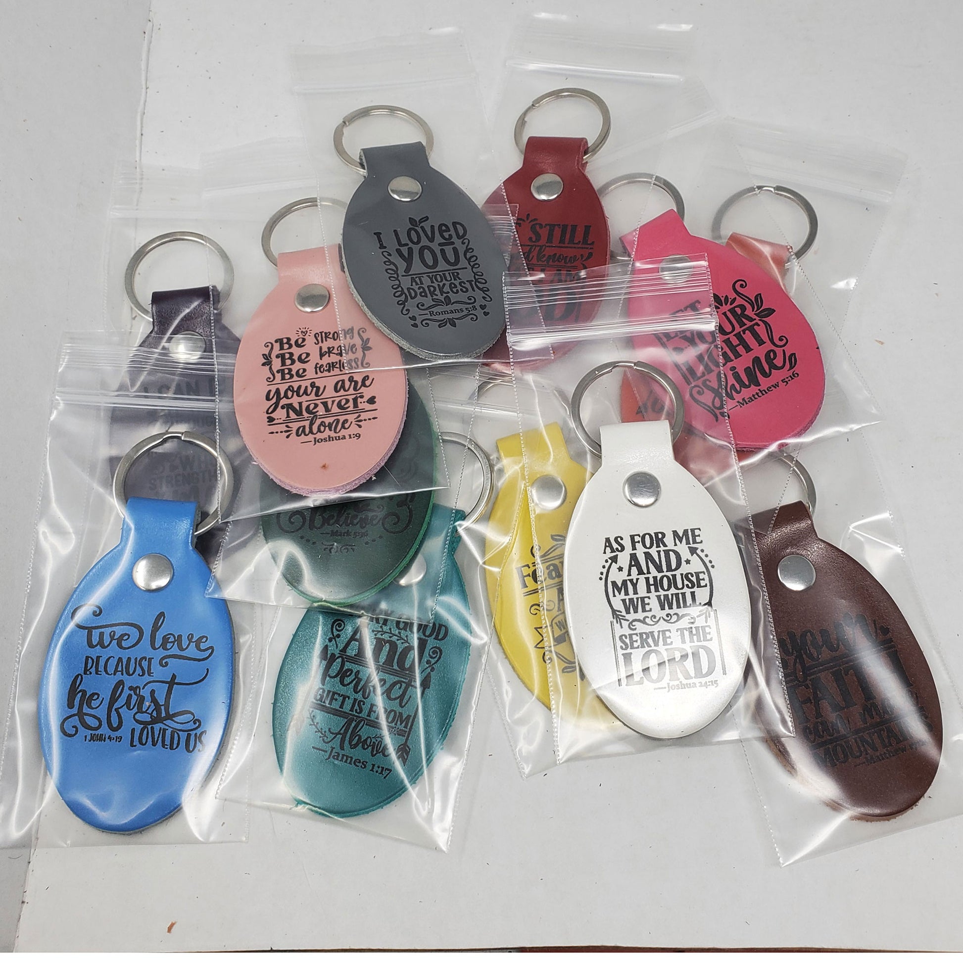 Ready to go laser engraved bible verse leather keychains