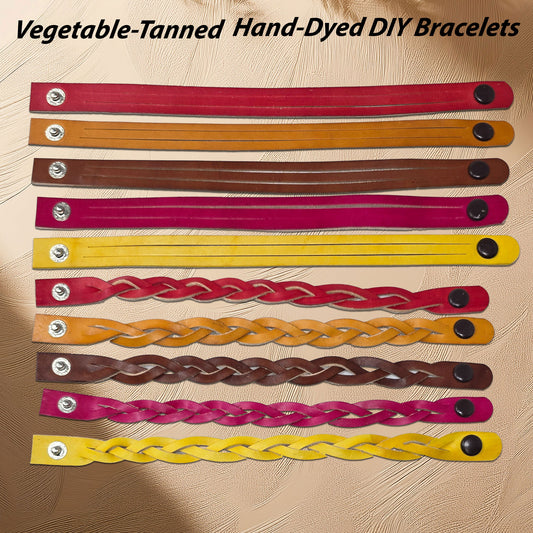 DIY mystery braid leather bracelet kit with 8 vegetable tanned cowhide straps.