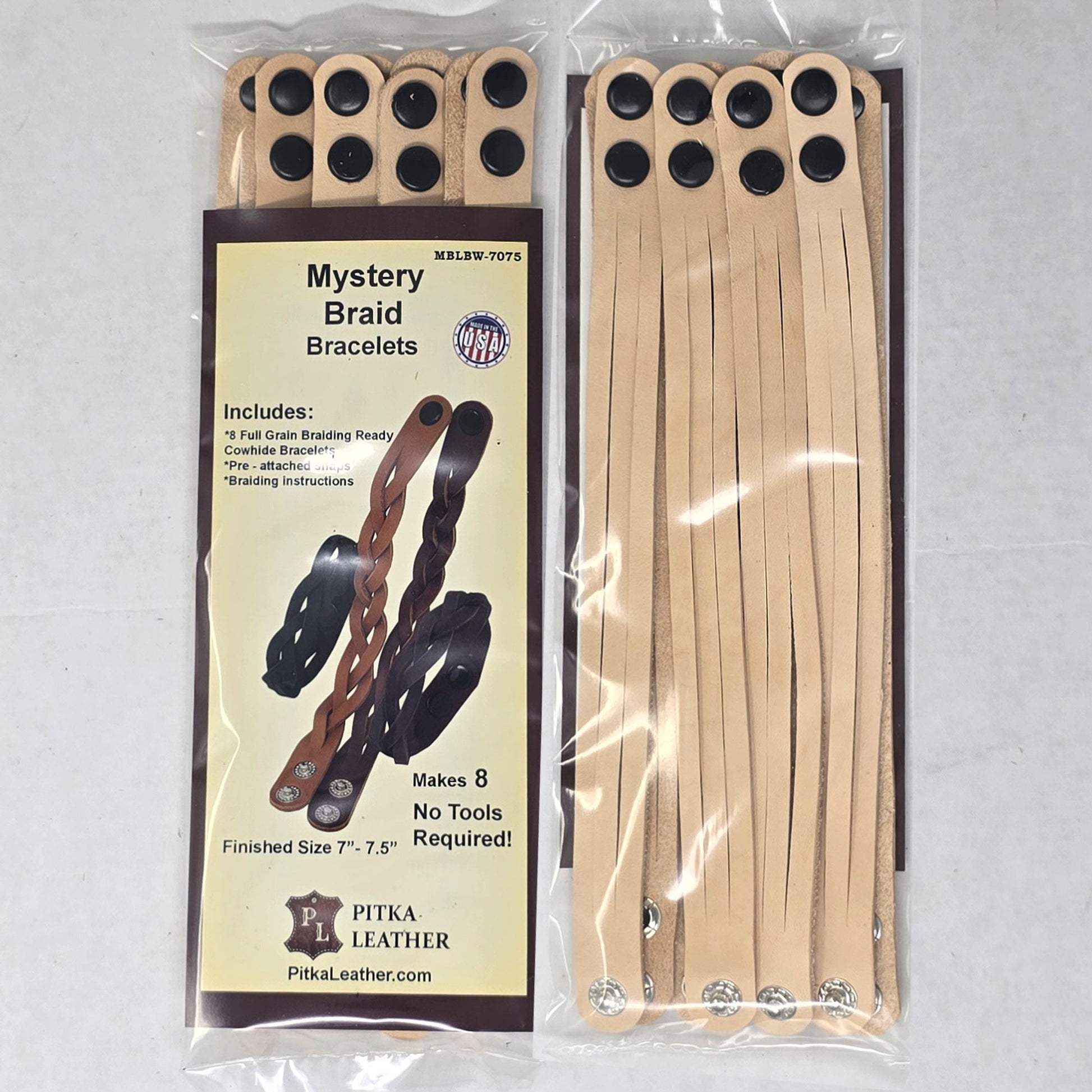 Adjustable 2 snap mystery braid bracelet DIY kit showing vegetable tanned leather straps ready to braid.