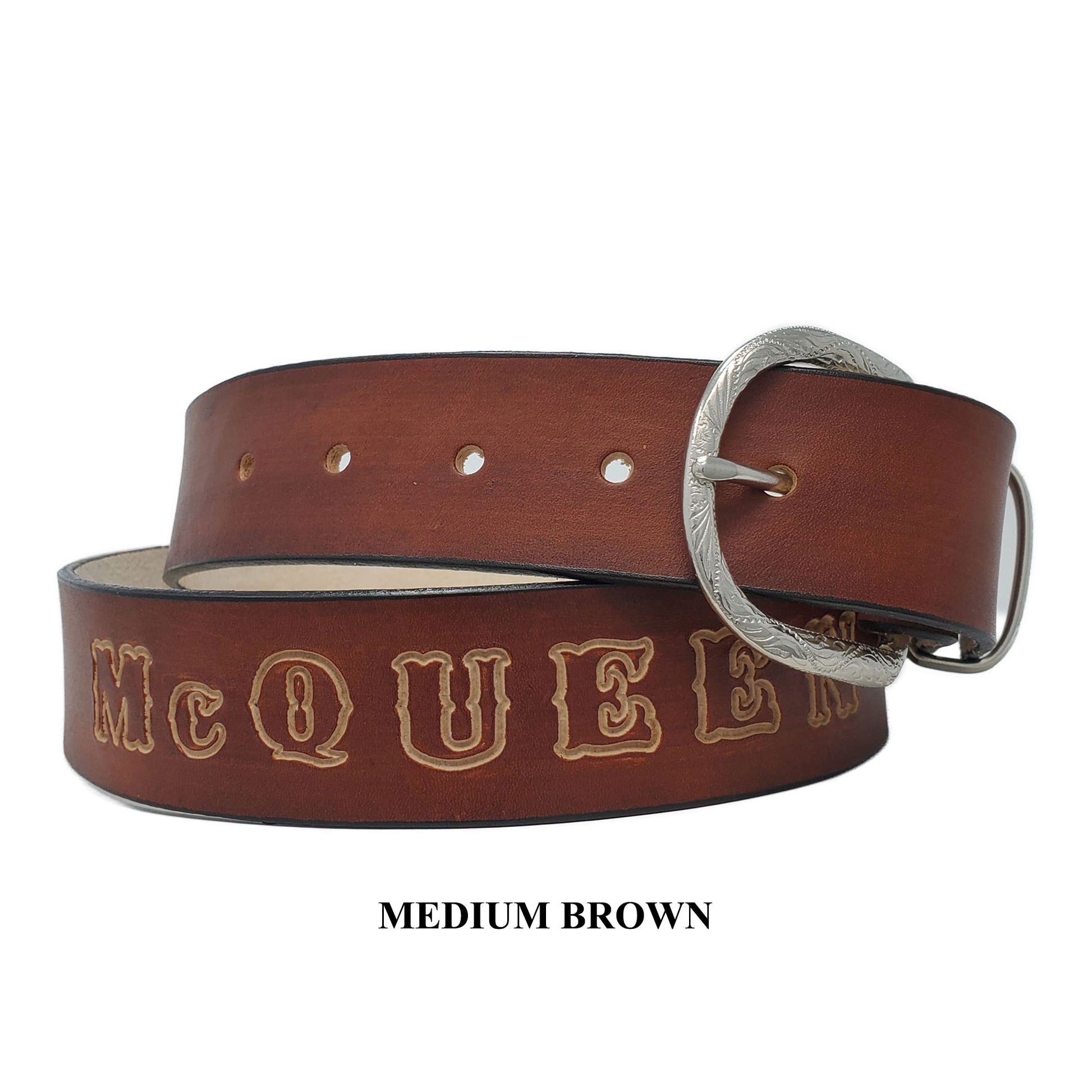 Personalized mans leather belt medium brown, custom leather belt