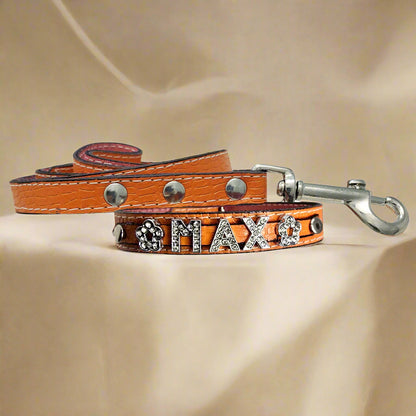 Leather dog collar for small dog personalized with name in rhinestone letters and matching leather lead