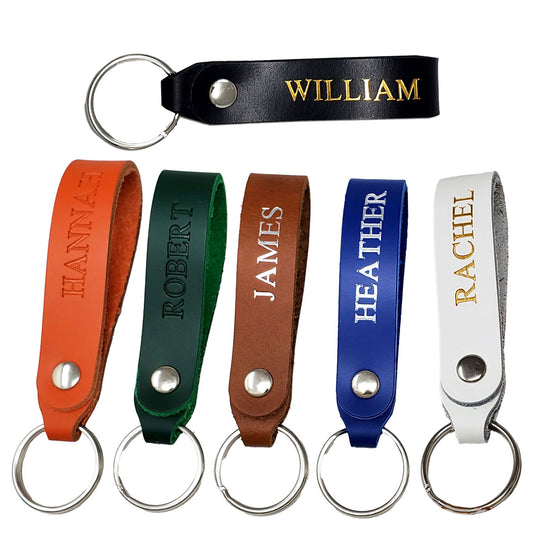 Handmade Personalized Leather Keychain – Custom Full Grain Leather Key Ring with Name or Initials, Embossed or Foil Stamped in Gold/Silve