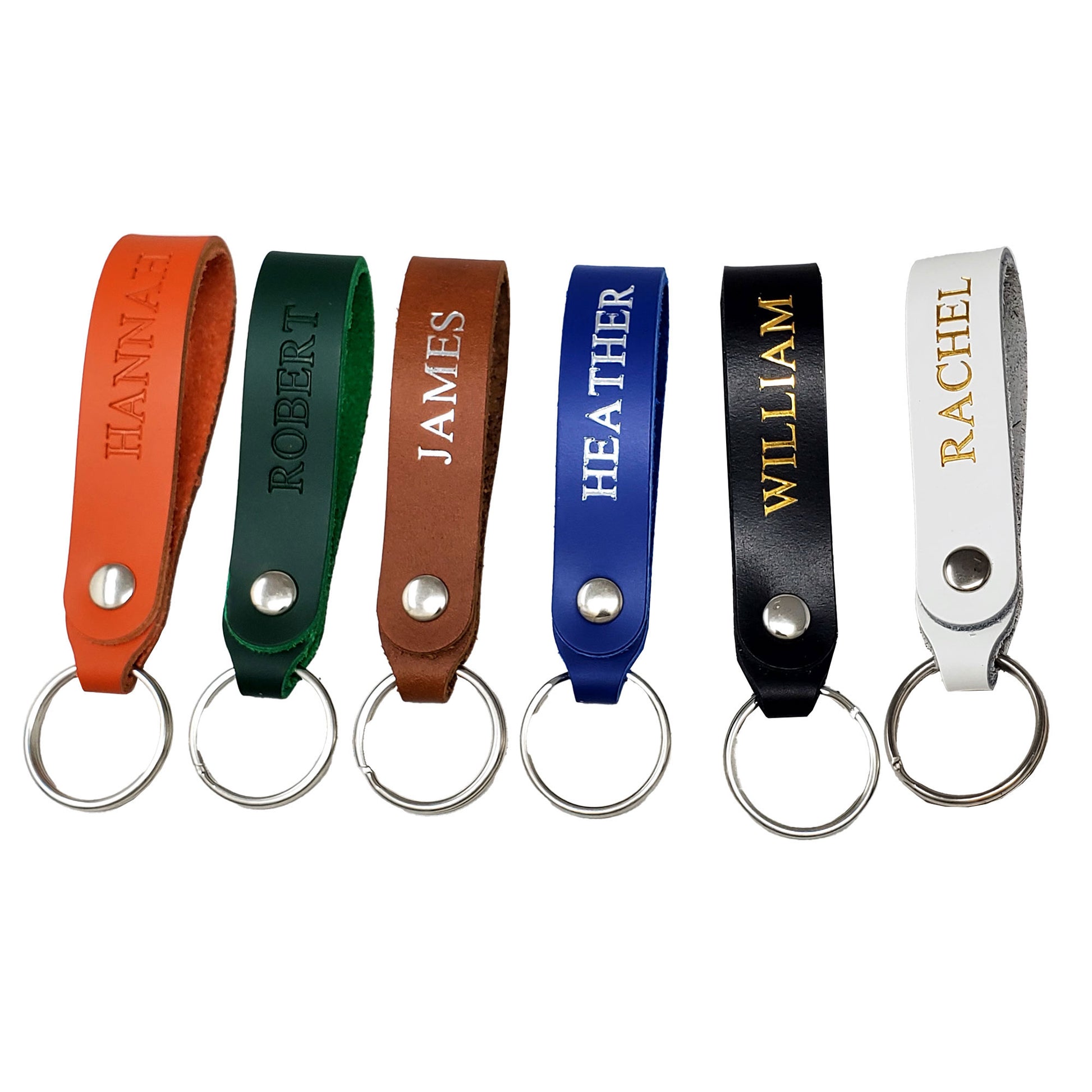 Full grain leather keyrings personalized with hot foil stamping