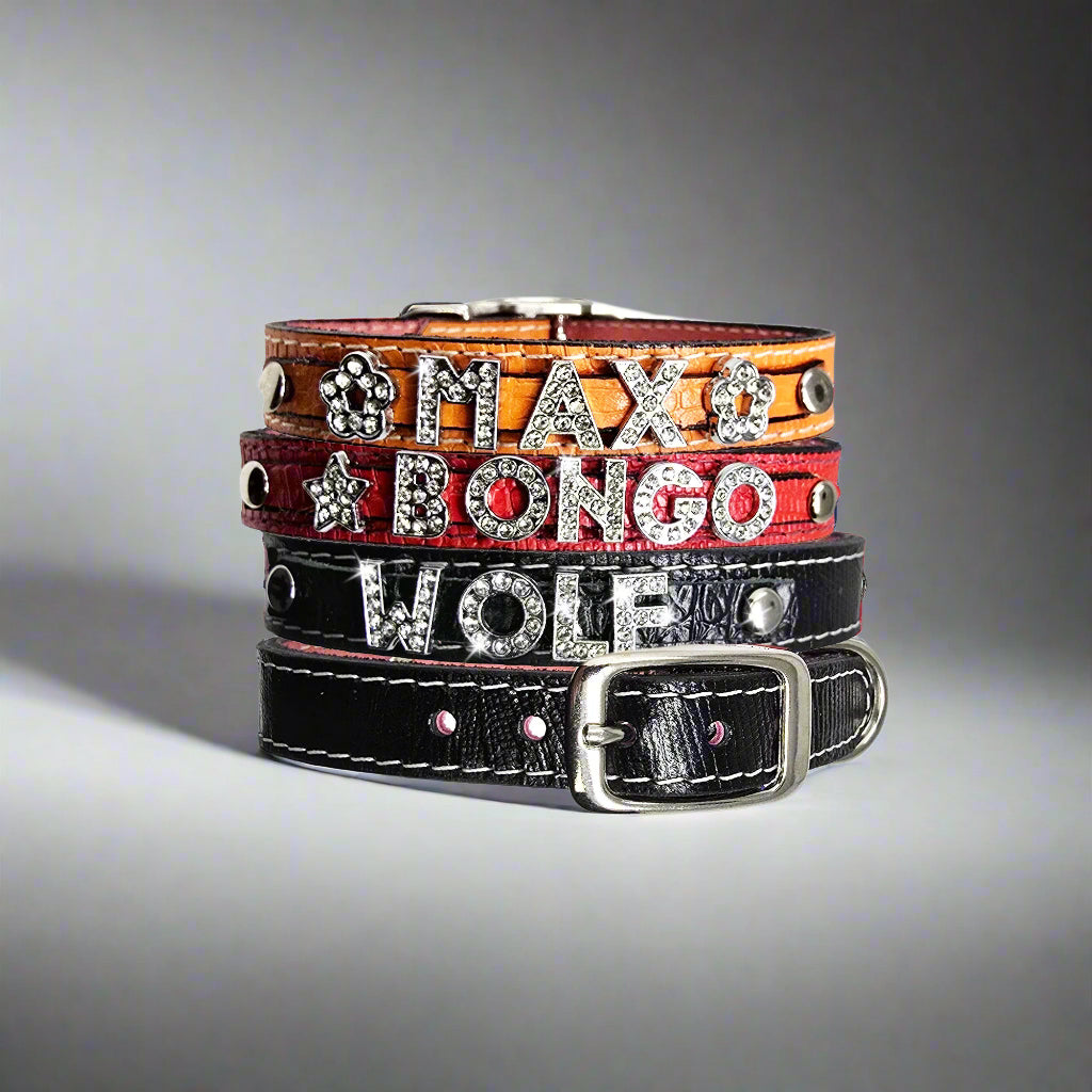 Personalized Leather Dog Collar with Rhinestone Letters – A glamorous small leather dog collar adorned with sparkling rhinestone letters for a touch of elegance