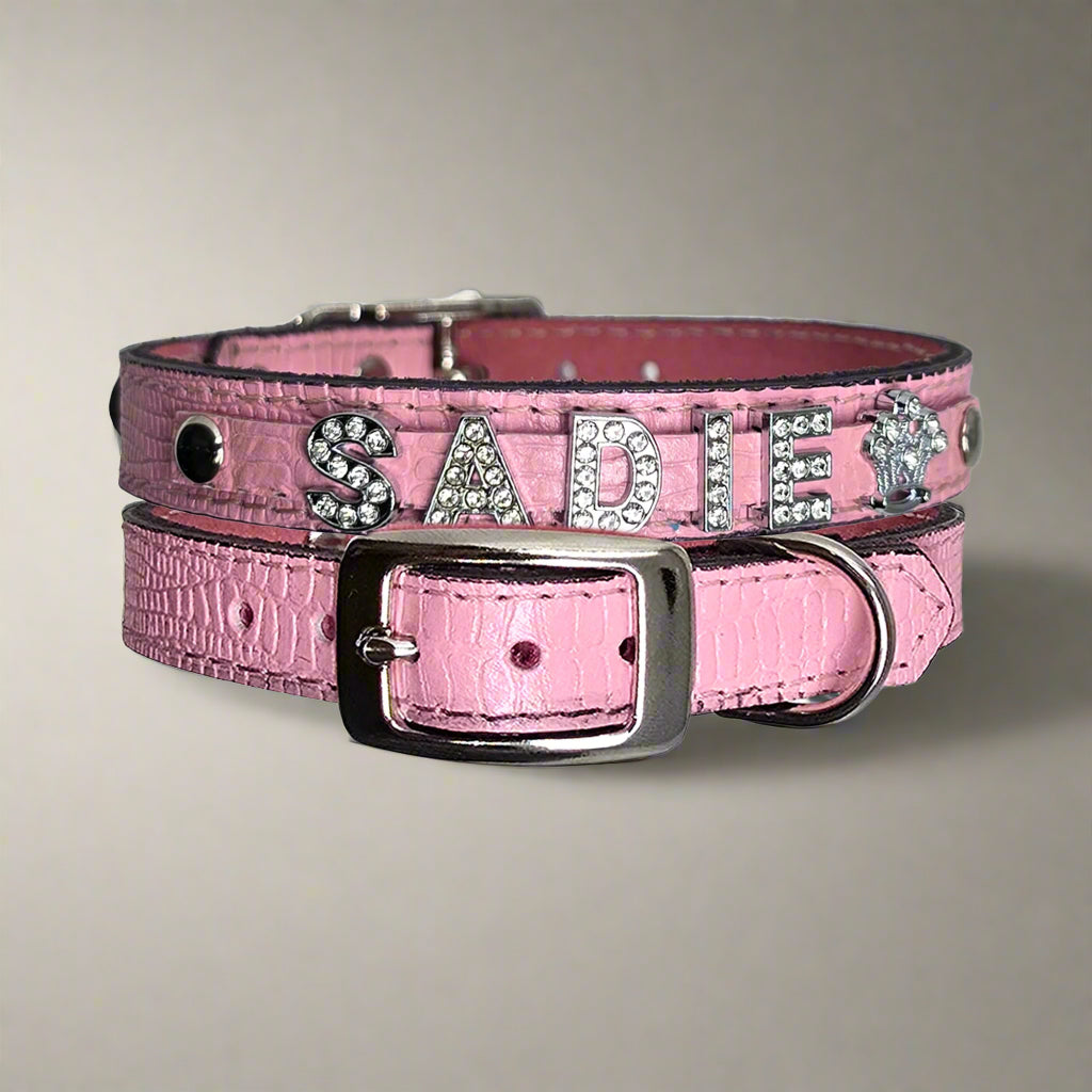 Pink leather dog collar small with name in rhinestone slide letters