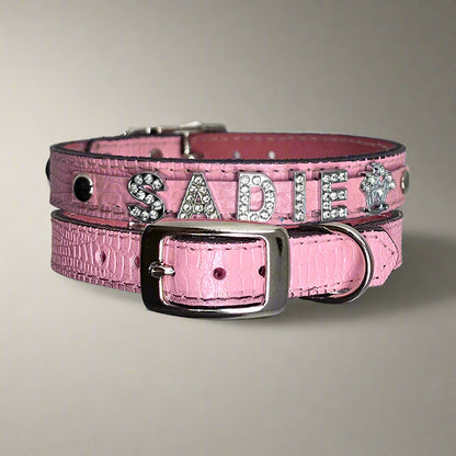 Pink leather dog collar small with name in rhinestone slide letters