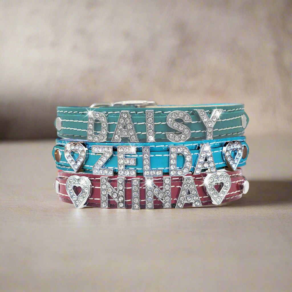Custom small dog collars with sparkling rhinestone letters and a cute heart charm, blending style and personalization
