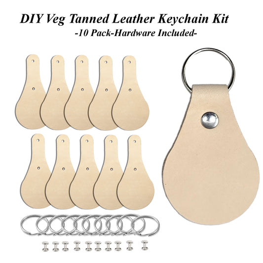 Teardrop Veg Tan Leather Keychain Kit – 10 Pack Blanks with Hardware