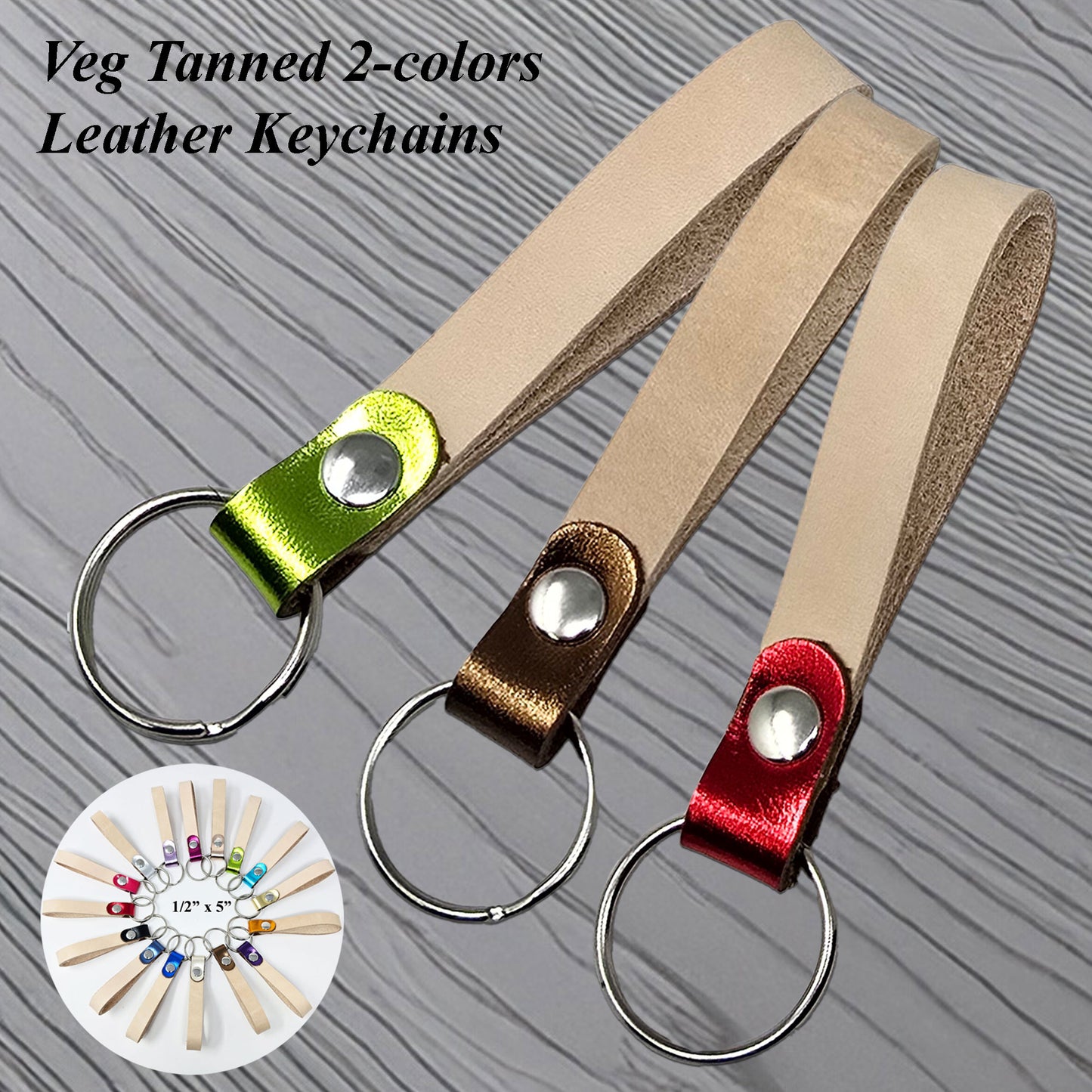 10 Pack Blank Vegetable Tanned Leather Keychains – 16 Metallic Leather Loop Colors