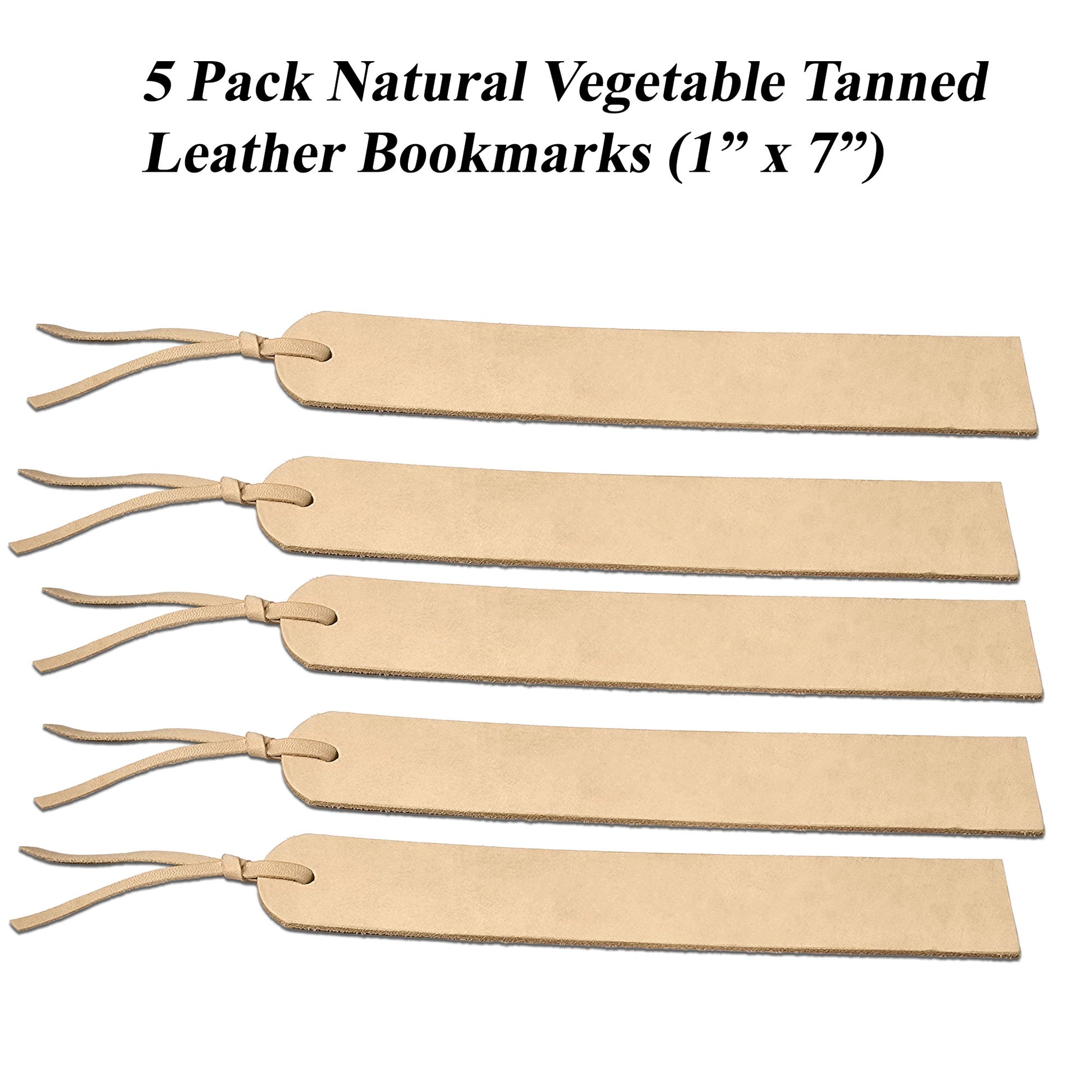 Set of 5 vegetable tanned leather bookmarks 1" x 7"
 engraving safe and customizable by adding names, quotes, or custom designs.