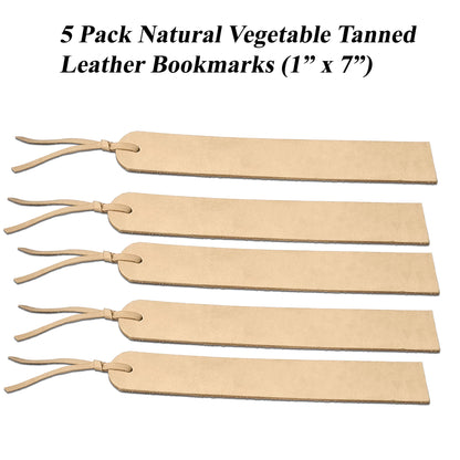 Set of 5 vegetable tanned leather bookmarks 1" x 7"
 engraving safe and customizable by adding names, quotes, or custom designs.