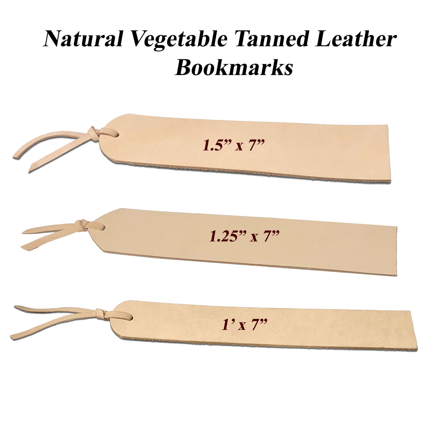 Genuine vegetable tanned leather bookmarks in natural tan with smooth surface, engraving safe and ready for stamping, tooling, painting, or laser engraving.