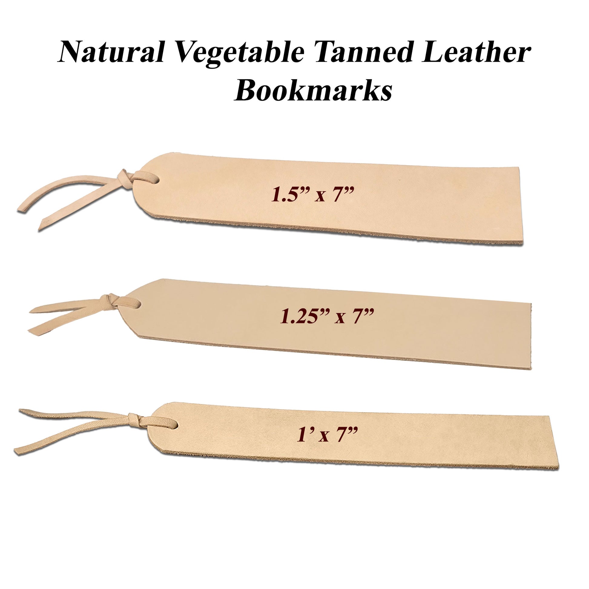 Genuine vegetable tanned leather bookmarks in natural tan with smooth surface, engraving safe and ready for stamping, tooling, painting, or laser engraving.
