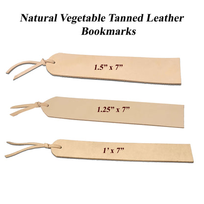 Genuine vegetable tanned leather bookmarks in natural tan with smooth surface, engraving safe and ready for stamping, tooling, painting, or laser engraving.