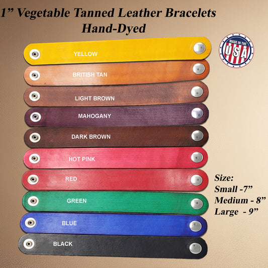 Hand-dyed vegetable tanned leather bracelet blanks in 10 colors, displayed flat and ready for DIY stamping, tooling, or engraving projects.