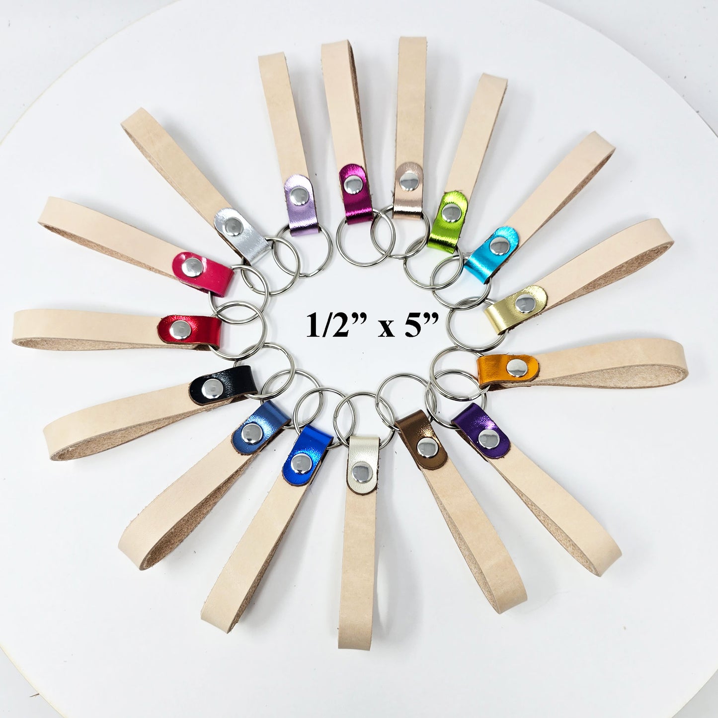 10 Pack Blank Vegetable Tanned Leather Keychains – 16 Metallic Leather Loop Colors