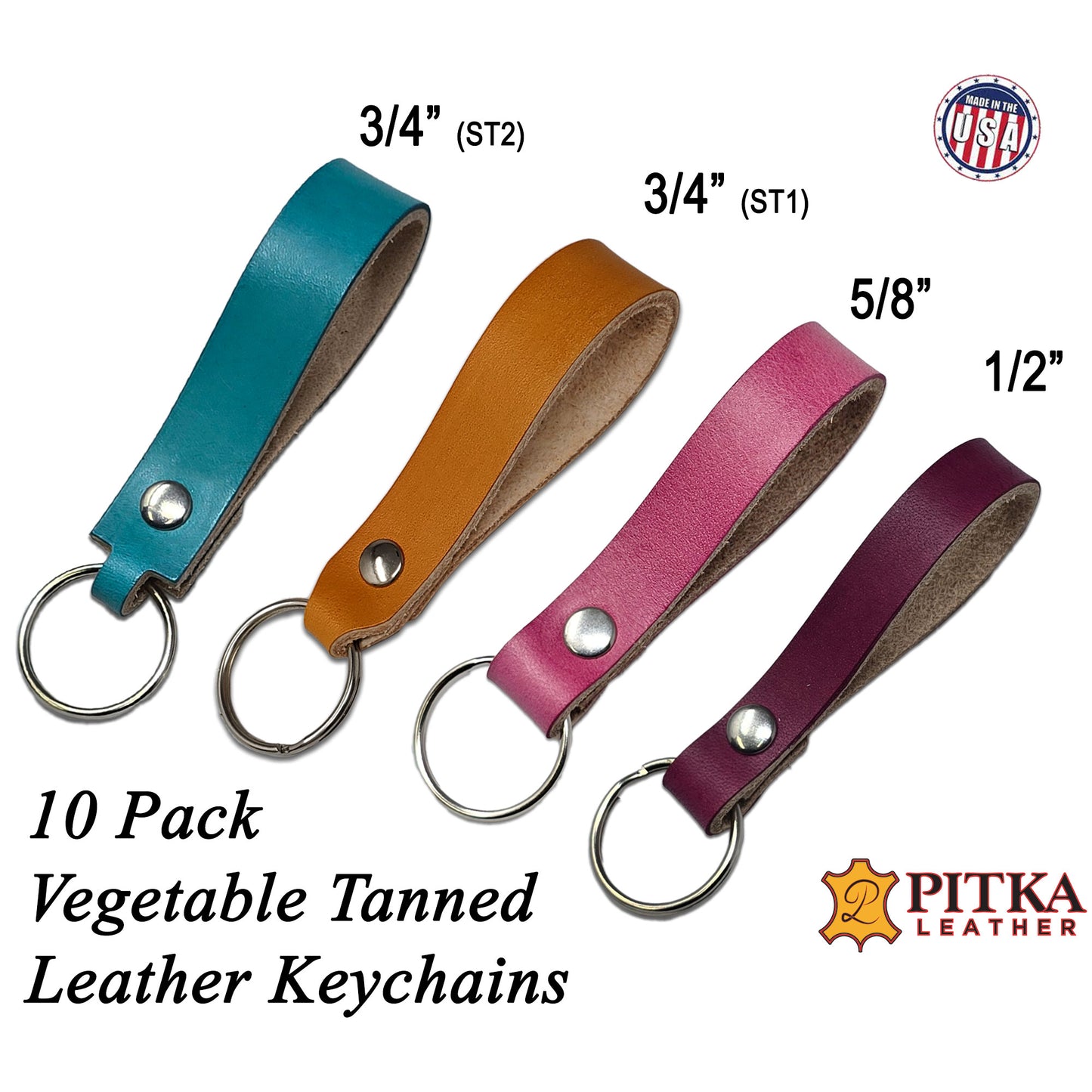 10 Pack Vegetable Tanned Leather Keychains – Hand Dyed, 14 Colors, USA Made