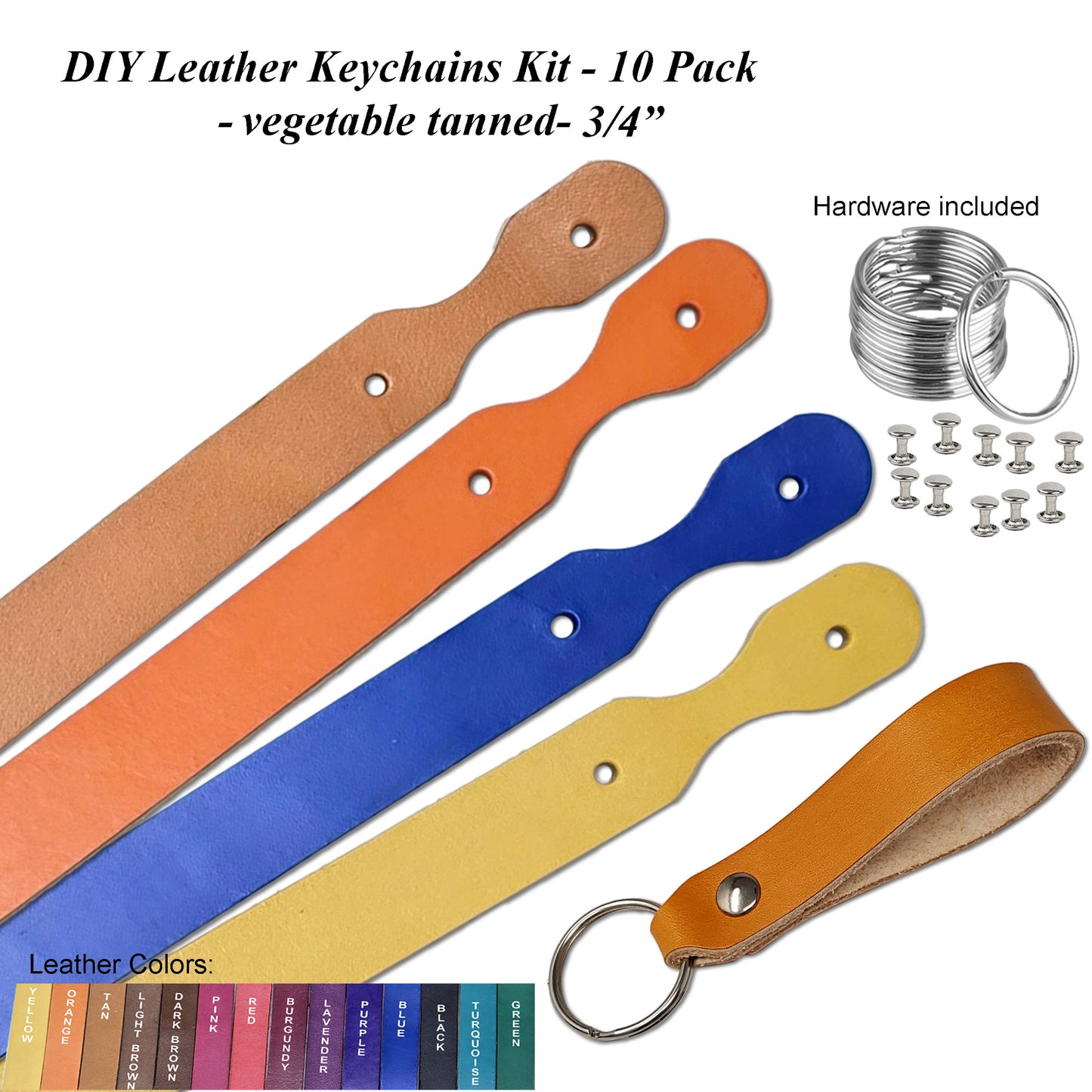 Vegetable Tanned Leather Keychains KIT Hand Dyed 3/4"-Pack of 10