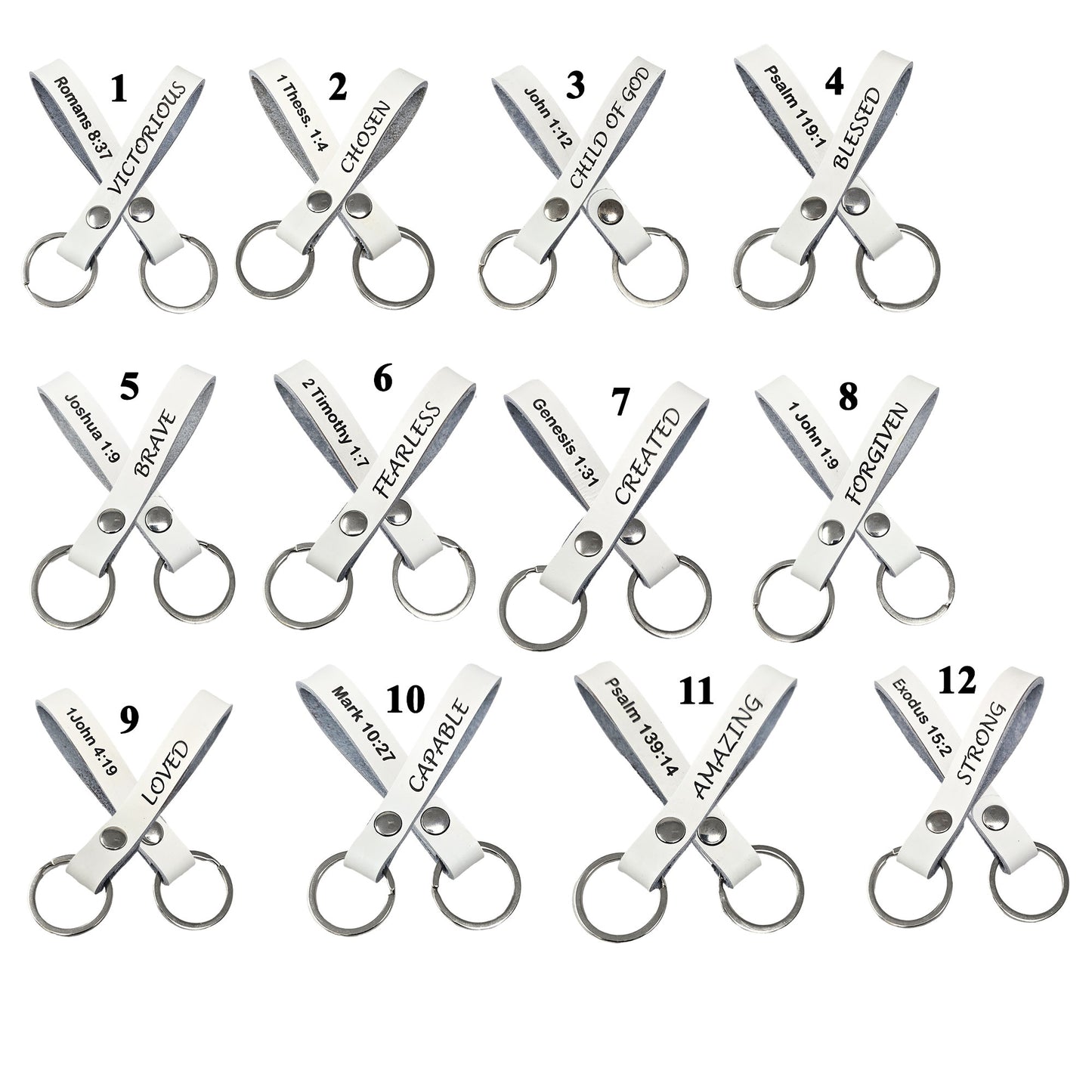 White leather keychains laser engraved-bible verse keychains