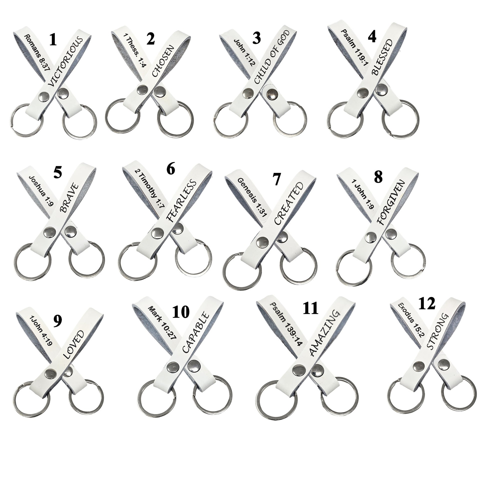 White leather keychains laser engraved-bible verse keychains